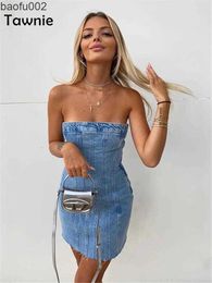 Vestidos casuales Tawnie Blue Strapless Denim Mini Dress Mujer 2023 Sexy Off Shoulder Tube Backless Y2K Vestidos de fiesta Casual Slim Club Outfits W0315