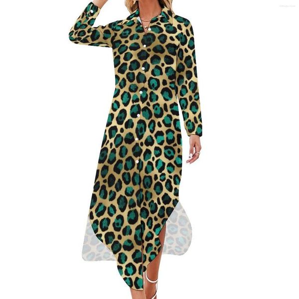 Vestidos casuales Teal y oro Leopardo Vestido de gasa Puntos Imprimir Moda Elegante Mujer Sexy Impreso Vestidos Tamaño grande