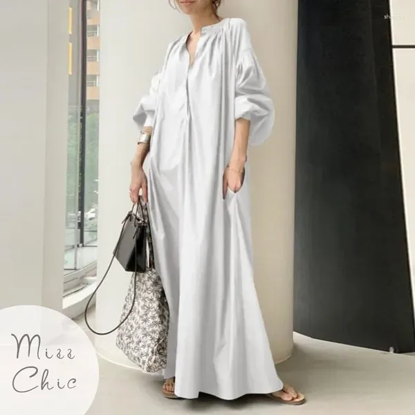 Vestidos casuales Temperamento desplazamientos vestido de lino de algodón blanco de gran tamaño elegante camisa sólida mujeres maxi vestidos mujer linterna manga bata