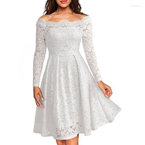 Vestidos casuales Temperamento Elegante Boutique Sexy Encaje Cuello de una palabra Fuera del hombro Manga larga Vestido de manga corta Ahueca hacia fuera Blanco