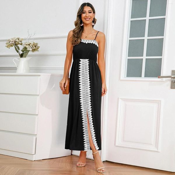 Robes décontractées tempérament élégant Slip longue robe femmes mince dentelle sans manches épaules dénudées fête cheville longueur été