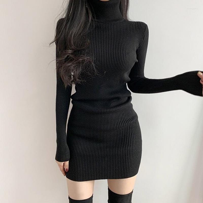 Casual Dresses Temperament High-neck Slim-fit Solid-color Short Skirt Korean Version Chic Long-sleeved Knitted Dress Women Autumn Winter