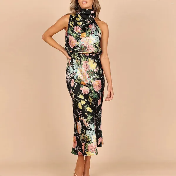 Vestidos informales Temperamento Cintura alta Vestido de bola floral Fiesta de cumpleaños de la mujer Club Sundress Verano Impreso Rayón Vestido con gradas Vestidos