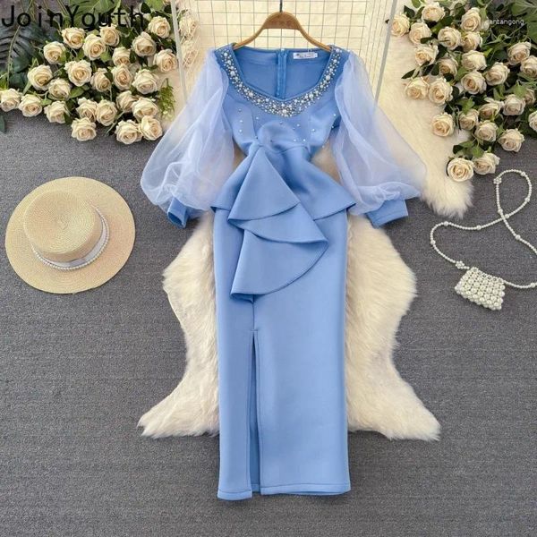 Robes décontractées Temperrament Robe Femme Party for Women Gauze Lantern Square Coll Colding Per perle Split Robe 2024 Vestidos de Mujer