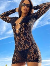 Vestidos casuales TEMUSCOLA Mesh See Through Floral Lace Dress Mujeres Deep V Neck Hollow Out Bodycon Black Nightdress Sexy Elegant Party