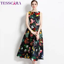 Robes décontractées Tesscara Femmes Élégant Robe de réservoir de haute qualité Cocktail Floral Party Robe Femme Vintage A-Line Designer Formal Occasion