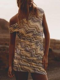 Robes décontractées TFMLN 2024 Mini robe imprimée pour femmes Mode Tulle Collier asymétrique Vintage Hors épaule sans manches Slim Femme
