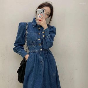 Robes décontractées Le design de manches gonflées vintage française Chic Sincall Sliming Denim Robe