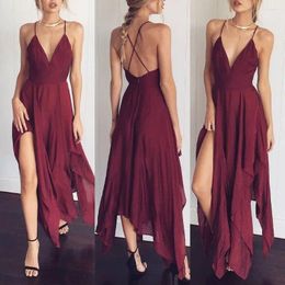 Casual Jurken De Sexy Bordeaux Sling Elegante Jurk Nachtclub Halter Mouwloos Chiffon Onregelmatige Sukienka Zomer 2023 Vrouwen Los