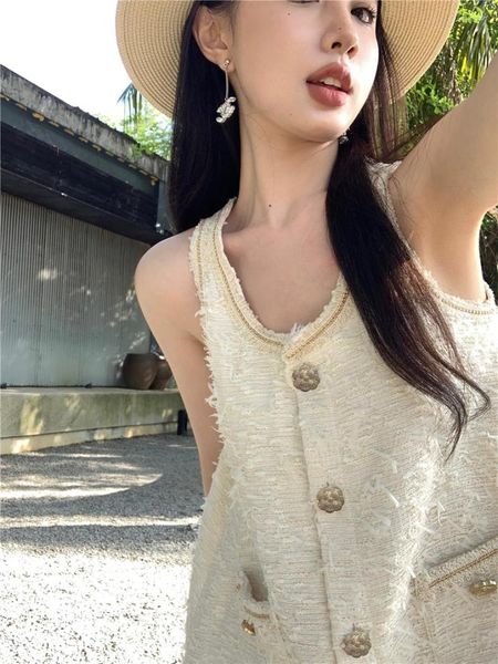 Vestidos informales Tweed Tassel Design Fit Summer Mini Vestido con botón de bolsillo A-Line Women Corea Corea