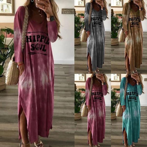 Vestidos casuales Vestido teñido anudado Color degradado Sukienka Deep Plunge Side Slit Robe Ete 2021 Letra Hippie Soul Maxi Manga larga Mujer 257H