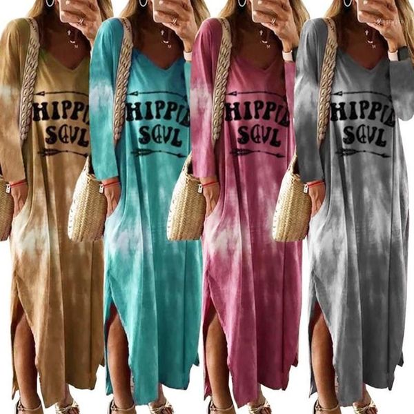 Vestidos casuales Tie Dye Vestido Color degradado Sukienka Deep Plunge Side Slit Robe Ete 2021 Carta Hippie Soul Maxi Manga larga Mujeres 256A