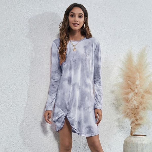 Vestidos casuales Tie Dye Vestido de manga larga para mujer 2023 Otoño Cuello redondo Camiseta anudada Sudor suelto Streetwear Moda