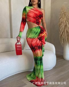 Vestidos casuales Tie Dye Print Cold Shoulder Mermaid Maxi Dress Hollow Out Mujeres Primavera Verano Cintura alta Bodycon Trompeta larga