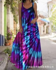 Robes décontractées Tie Dye Imprimer Col en V Épais Strap Maxi Dress Femmes Lâche Longue Sans Manches Pleine Longueur Printemps Été Taille Haute