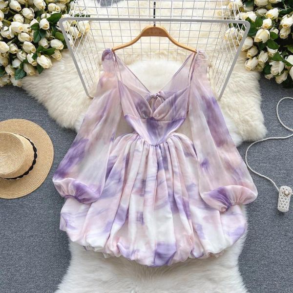 Vestidos casuales Tie Dye Vestido Púrpura Diseño Sentido Vendaje Sin Respaldo Chicas Verano Principios Otoño Fresco Dulce Slim Super Fairy Moda