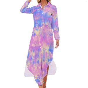 Casual jurken Tie Dye textuur chiffon jurk pastel roze blauw geel retro lange mouw streetwear v-hals grafisch oversized