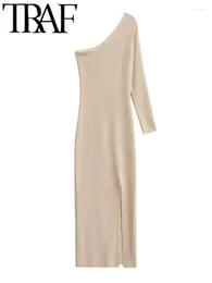 Casual jurken tienda dames asymmetrische mode massieve jurk slanke lange mouw hoge taille vestidos 2024 herfst