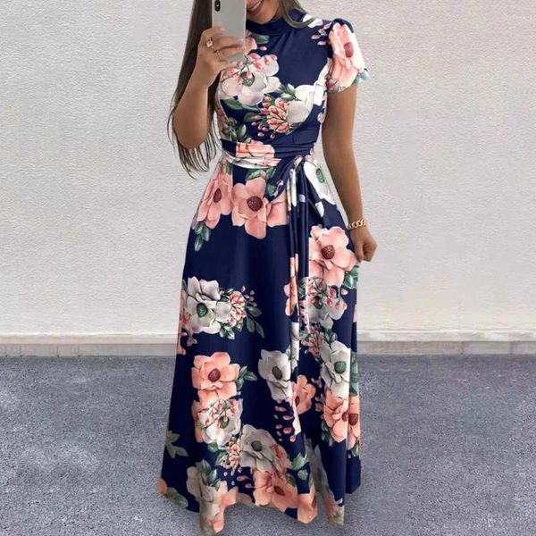 Robes décontractées robe de taille serrée imprimé floral maxi avec col faux ceinturé balançoire trapèze pour été printemps cheville