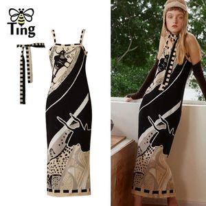 Casual jurken Tingfly Designer mode bloemenpatroon breien rechte midi lange jurk dame chic breierwear