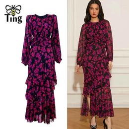 Casual jurken Tingfly Designer Runway mode bloemen ruches slank fit zeemeermin geweldig feestdiner chiffon long elegante jurk