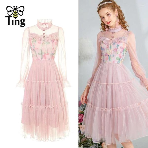 Vestidos informales Mujeres Tingfly Fashion Vintage Vintage Elegante Mesh Hoja de color rosa Dama Vestida A Línea Sweet Girl Streetwear