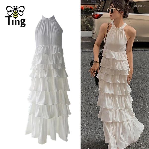 Robes décontractées Tingfly Femmes Fashion Summer Ruffles MIDI Long White Color Robe Lady Frension Chic Streetwear