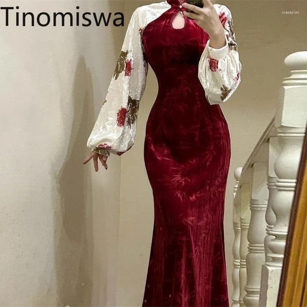 Vestidos casuales Tinomiswa estilo chino vestido vintage mujeres flor impreso contraste color patchwork elegante femenino slim fit robe femme