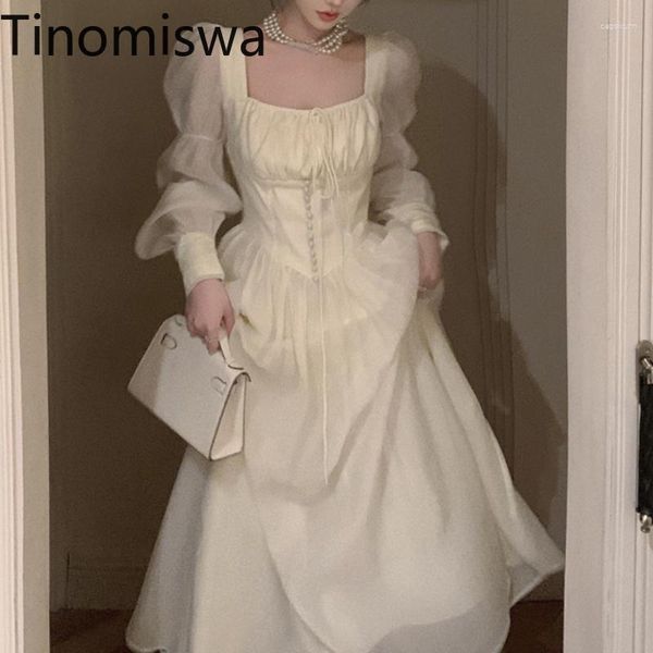 Vestidos informales Tinomiswa estilo francés vintage princesa vestido mujeres color sólido temperamento suave femenino cintura delgada vestido largo femme