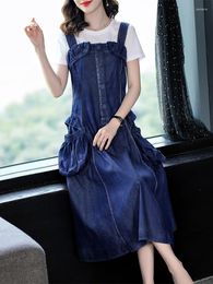 Vestidos casuales TIYIHAILEY 2024 Vintage Mujeres Largo Mid-Calf Verano Otoño Denim Sleevlesse Vestido Bolsillos sueltos A-Line S-XL