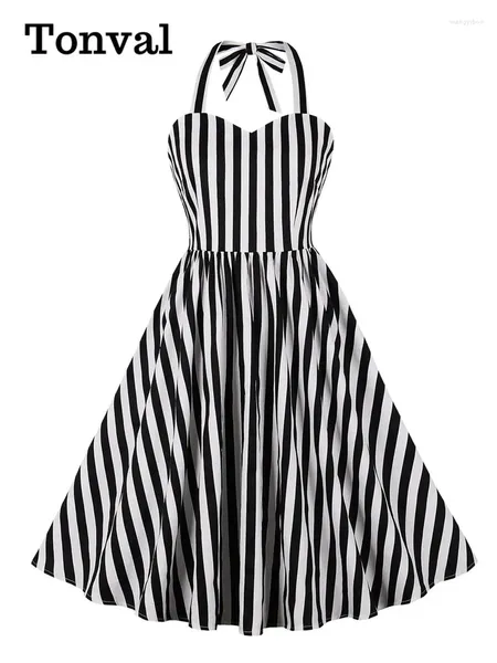 Robes décontractées Tonval Black and White Striped Women Evening Party Vintage Halter Sweet Caby Necd Preted Cotton Backless Robe