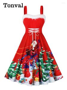 Robes décontractées Tonval Fur Trim haute taille à lacets robe corset rouge ajustement rouge et évasé de Noël d'hiver imprimé femme fête vintage swing