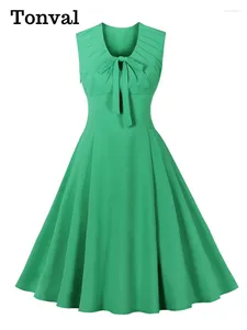 Vestidos informales Tonval Knot V-Chozo Ruchado Ruchado High Winist Green Solid A-Line Swing para mujeres 2024 Vestido de verano de estilo vintage sin mangas