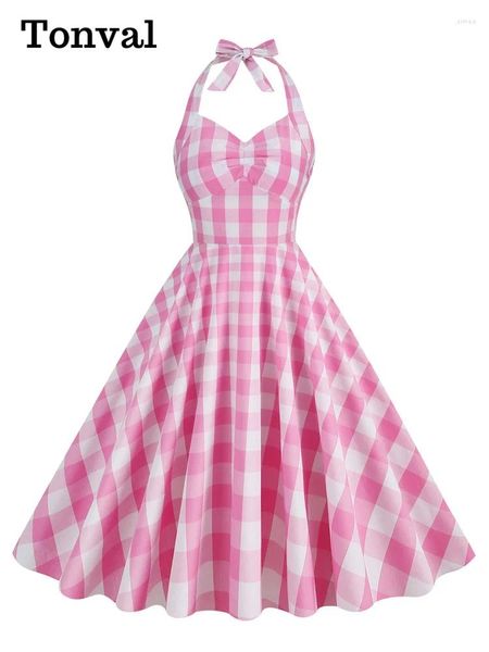 Robes décontractées Tonval Pink Gingham Coton Pinup Robe Femmes Ruché Taille Haute Dos Nu Rockabilly Swing Robe Vintage Vêtements