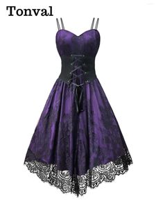 Robes décontractées Tonval Purple Elegant Spaghetti Strap High Waist Corset Robe Gothic Women Cosplay Party Vintage Costume Lacet