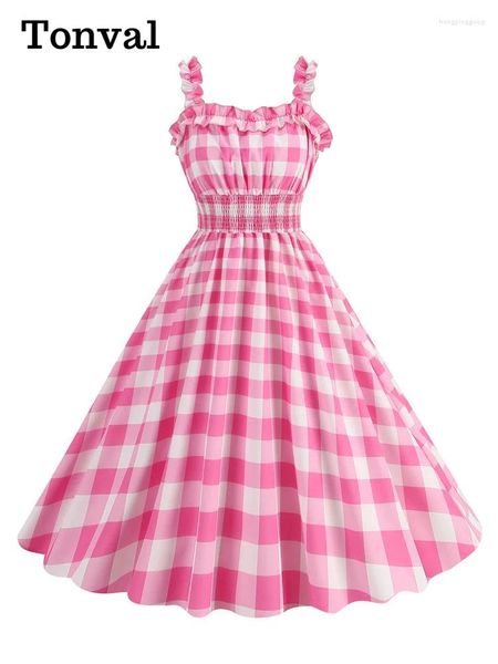 Vestidos casuales Tonval Ruffle Trim Cintura elástica Verano Largo 2024 Mujeres Rosa y Blanco Plaid Cóctel Fiesta Damas Vestido Vintage