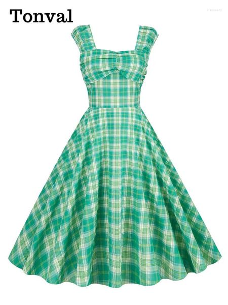 Vestidos casuales Tonval Cuello cuadrado Busto fruncido Cintura alta 50s Rockabilly para mujeres Sin mangas Vintage Pinup Vestido a cuadros