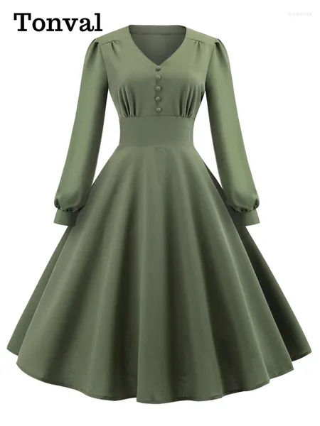 Robes décontractées Tonval V-Col V-Col Bouton Avant Taille Haute Longue Manches Bishop Femmes Élégant Automne Vêtements Vert Solide Vintage Dames Swing