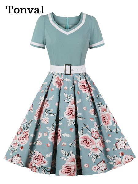 Vestidos casuales Tonval Vintage 50s Ladies Floral plisado Rockabilly Dress Mujeres elegantes Cintura alta Pinup Vestidos de verano con cinturón 230505