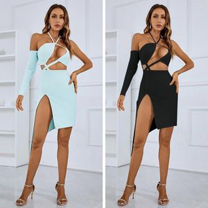 Casual jurken topkwaliteit 2 kleuren rayon bandge dames vieren rode loper -jurk sexy halter hollow out strapless pakket heup