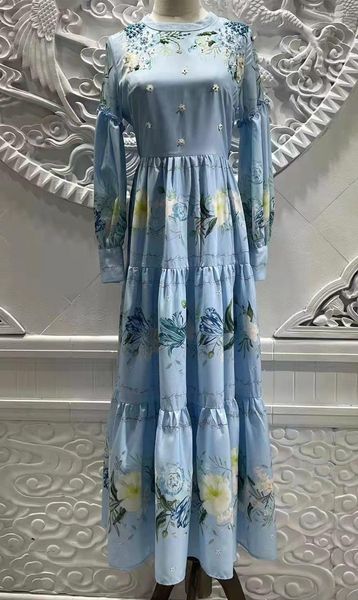 Robes décontractées Top qualité 2023 printemps longue robe femmes charmant imprimé fleuri perles déco manches bleu Royal soirée soirée dame