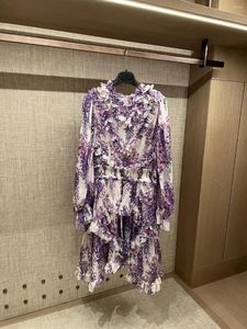 Robes décontractées Top qualité robe en soie pour femmes 2023 romantique bohème imprimé vêtements manches bouffantes mode volants asymétrique violet