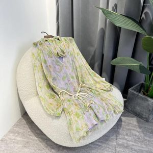 Casual jurken topkwaliteit zijden dames losse volledige lantaarn mouw bloemenprint mini met string riem 2024 nieuwste zomer