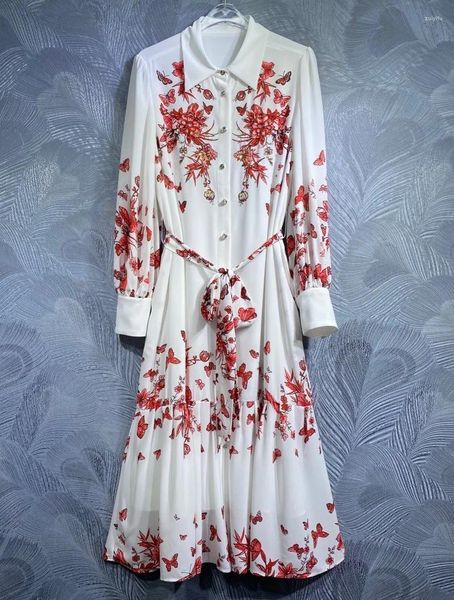 Vestidos informales Vestidos para mujeres de alta calidad 2024 Diseño de primavera Fashion Ladies Turn-Down Collar Red Floral Impresión Belte de manga larga White