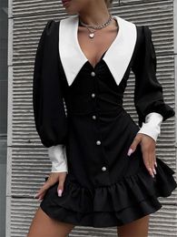 Robes décontractées Tossy Black Ruffled Patchwork Mini robe pour femmes taille haute col en V Slim mode élégante robe de soirée femme sexy