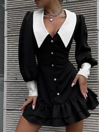 Casual Jurken Tossy Zwart Ruches Patchwork Mini-jurk Voor Vrouwen Hoge Taille V-hals Slank Mode Elegante Feestjurk Dames sexy