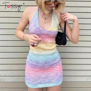 Robes décontractées Tossy V-Neck Knitted Dress Tie-Dye Holiday Party Backless Beach Cover-Up Bodycon Slim Sleeveless Summer Mini Sweater