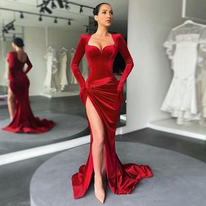 Robe longue en velours pour femmes, tenue portefeuille Slim, fendue, Sexy, Maxi, avec gants, automne hiver