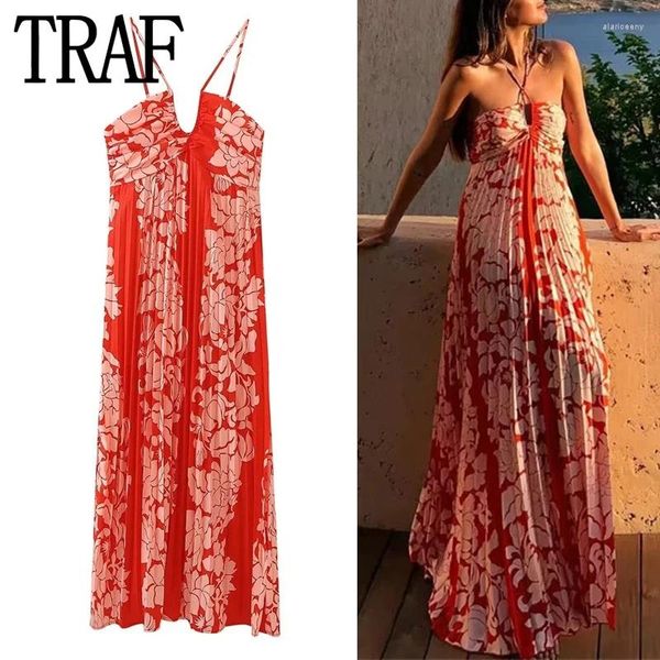 Vestidos casuales TRAF 2024 Vestido floral rojo Mujer plisada sin respaldo largo mujeres verano sexy midi fiesta vacaciones playa