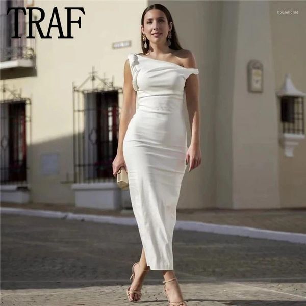 Robes décontractées Traf asymétrique longue pour femmes 2024 robe blanche sans manches midi chic et élégante femme fête d'été